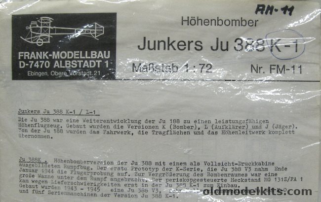 Frank Modellbau 1/72 Junkers Ju-388 K-1 Conversion Kit - Bagged, FM-11 plastic model kit